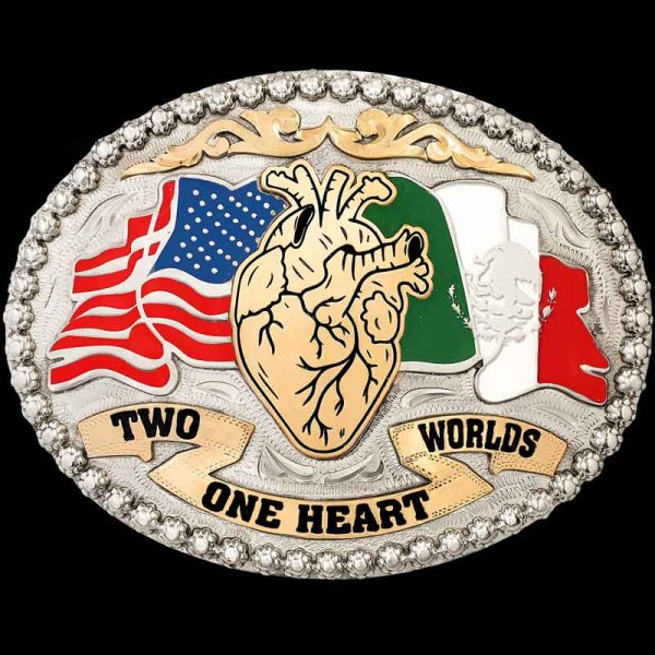 "One Heart, One Buckle – Crafted for Western Flair.  Our Presidio Belt Buckle is designed on a German Silver base with a berry edge, a Jeweler's Bronze scroll overlay, and a banner. The example logo on this buckle makes a bold, colorful statement. Pe